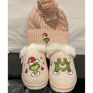 AMERICAN EAGLE Pink Grinch Scuff Slipper Women's SIZE 8 With Matching Hat